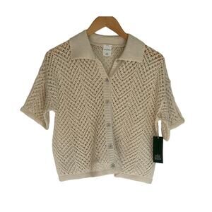 NWT Wild Fable Button Front Short Sleeve Open Work Loose Fit Camp Shirt Top